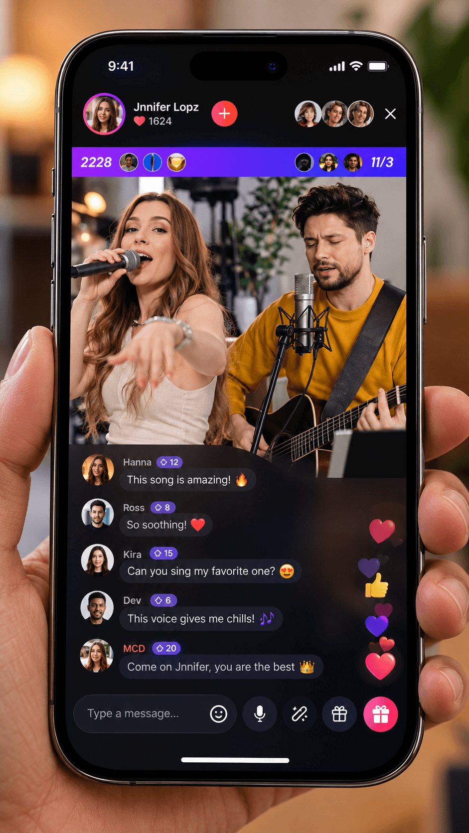 Live music stream with real-time chat on a phone